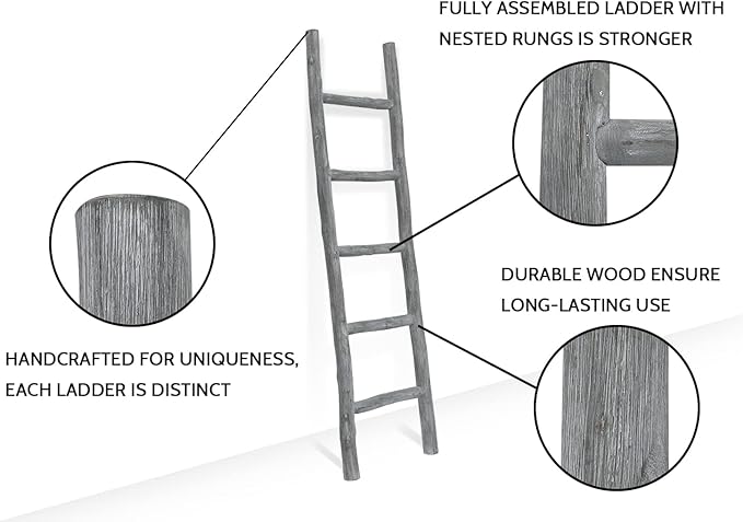 FUIN Fully Assembled 57in Wood Blanket Ladder Living Room Decorative Wall Leaning Farmhouse Quilt Display Holder Rustic Wooden Towel Rack for Bathroom, Light Gray & Whitewashed