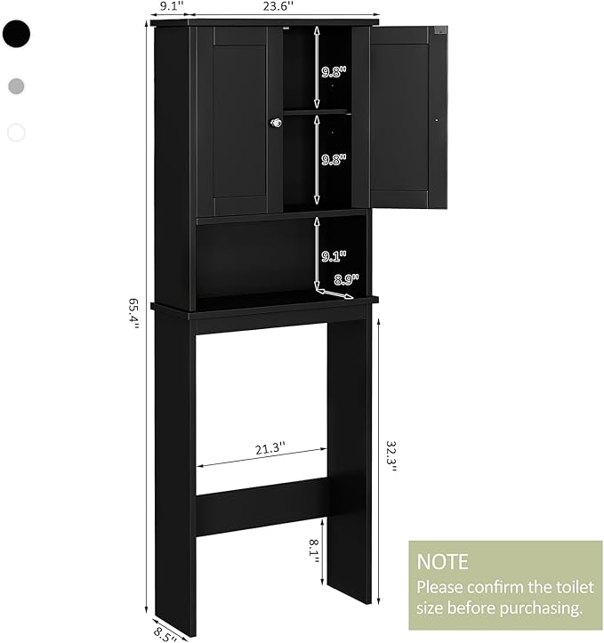 Meilocar Over The Toilet Storage Cabinet for Bathroom, Black Bathroom Over Toilet Cabinet Freestanding Storage Organizer, Space Saver with Doors and Adjustable Shelf, Black