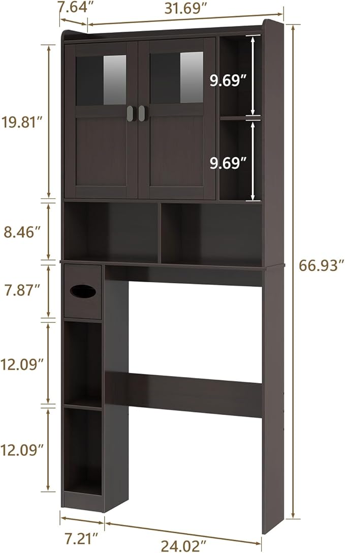 Vabches Over The Toilet Storage Cabinet, Bathroom Shelf Over Toilet with Glass Doors and Adjustable Shelves, Espresso Freestanding Home Space Save Toilet Rack for Restroom, Bathroom, Laundry