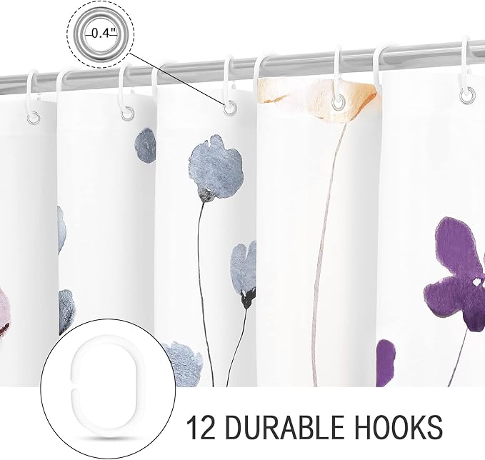 Gibelle Extra Long Shower Curtain 72 x 84, Watercolor Floral Fabric Shower Curtain, Purple Beige Flower Decorative Bathroom Shower Curtain Set with Hooks