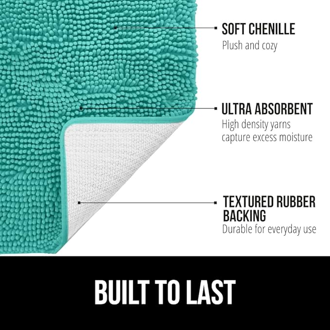 GORILLA GRIP Bath Rug Mat, Soft Absorbent Chenille, Quick Dry Microfiber Mats, Rubber Backing Washable Shower Floor Rugs, Bathmat Runner, US Designed Bathroom Home Decor Accessories 24x17, Turquoise