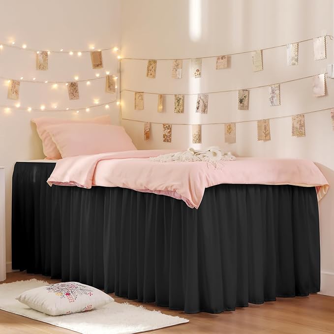 RIMELA Dorm Bed Skirt Twin XL 25 Inch Drop, Extra Long Wrap Around Elastic Bed Skirts Easy to Put On Twin Size Dust Ruffle, Black Bedskirt for Adjustable Bed Base Solid Silky Fabric Machine Washable