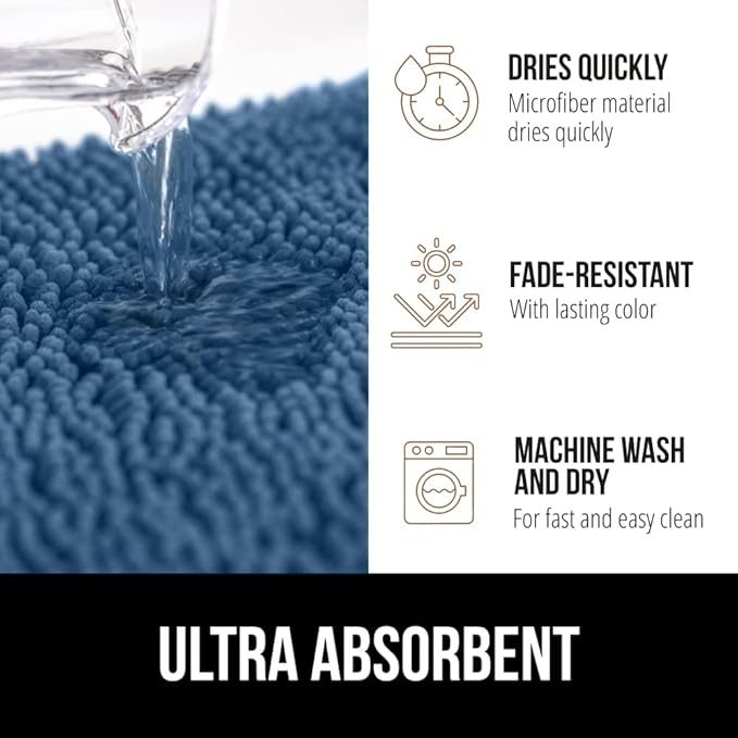 GORILLA GRIP Bath Rug Mat 36x24, Thick Soft Absorbent Chenille, Quick Dry Microfiber Mats, Rubber Backing Washable Shower Floor Rugs, Bathmat Runner, US Designed Bathroom Home Decor Accessories Blue