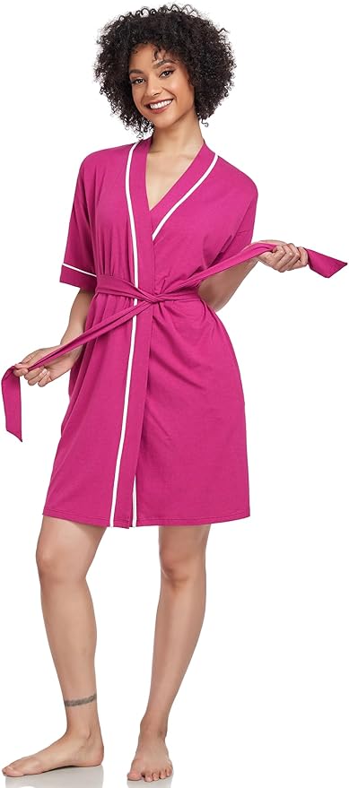 COLORFULLEAF Womens Bamboo Short Robes Lightweight Kimono Cotton Robe Soft Knit Bathrobe Ladies Loungewear with Pockets