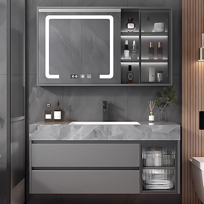 White 44IN Modern Bathroom Vanity - Wall-Mounted Bathroom Storage Cabinet & Bathroom Vanity with Sink, Bathroom Medicine Cabinet Wall Mounted, Defogging & Led Lighting | Bathroom Cabinet Slim