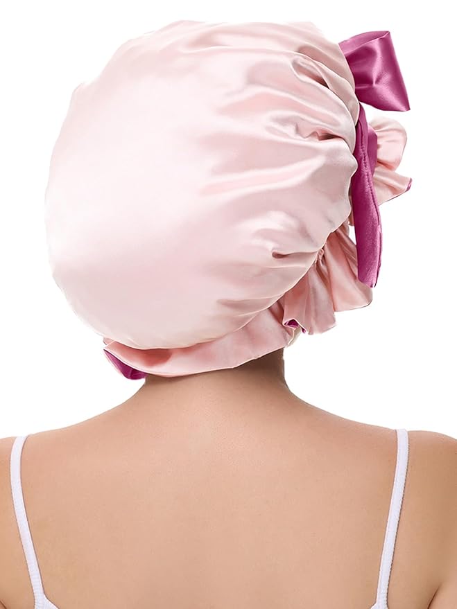 Bonnet for Sleeping, Satin Silk Hair Shower Cap Women 2025 Tie Band Adjustable Straps Head Wrap for Curly Hair Pink F
