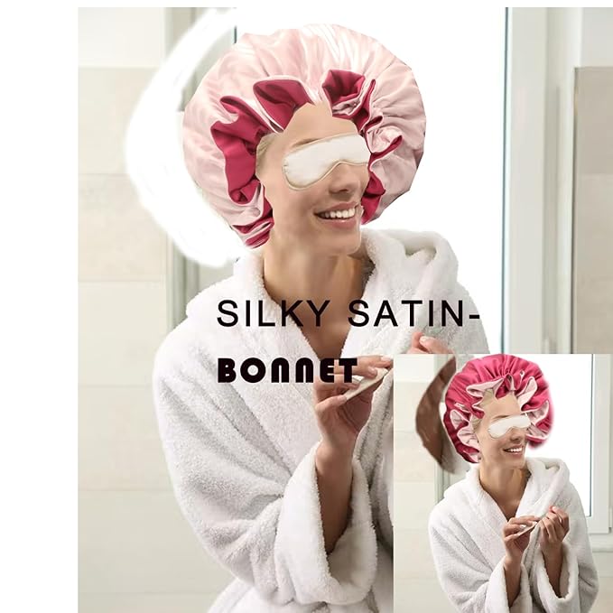 Satin bonnet 2Pcs silk hair bonnet cap for women reversible for sleeping Adjustable Night sleep cap for curly natural hair double-layer Washable Can Be Used Shower (Pink &Purple stripe)