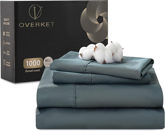 Egyptian Cotton Sheets Full Size 1000 Thread Count Sateen Weave Soft Breathable 16-Inch Deep Pocket 4PCS（Full,Lake Blue）