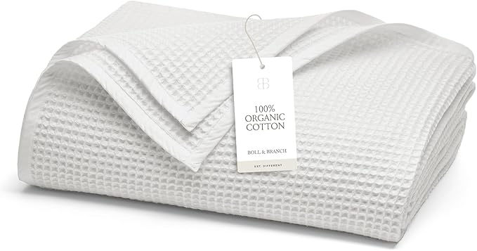 BOLL & BRANCH Waffle Bed Blanket - Twin/Twin XL, White - Luxury 100% Organic Cotton - Soft, Lightweight, Breathable - Textured Waffle Weave Design