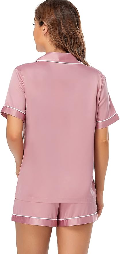 Women's Satin Pajama Set 2-Piece Sleepwear Loungewear Button Down Short Sleeve Silky PJ Set