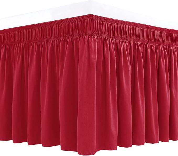 Biscaynebay Wrap Around Bed Skirts for King & Cal King Beds 18" Drop, Red Adjustable Elastic Dust Ruffles Easy Fit Wrinkle Resistant Silky Luxurious Fabric Machine Washable