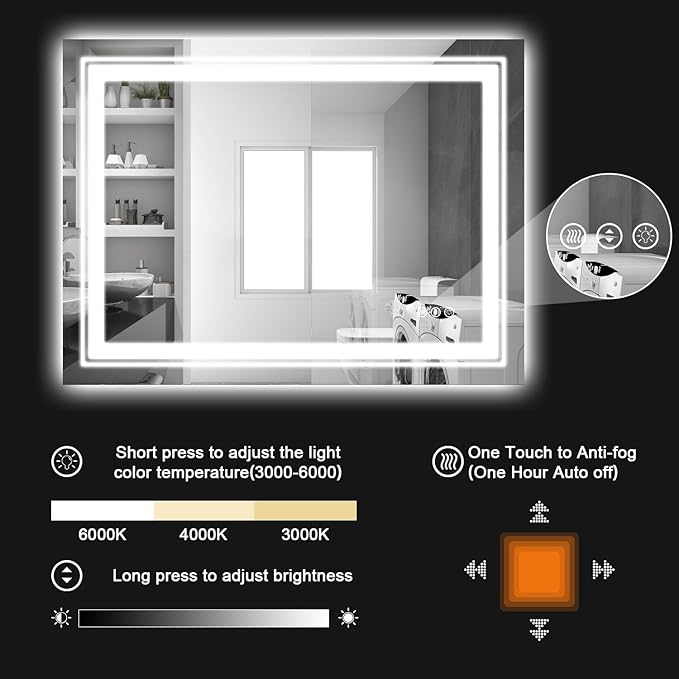 LED Bathroom Mirror, 40"X28" with Front and Backlit, Anti-Fog, Bathroom Vanity Mirror for Wall, Memory Function, Stepless Dimmable, Tempered Glass (Horizontal/Vertical)