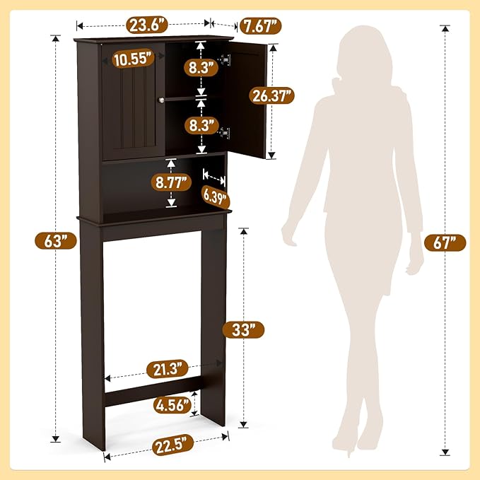 Over The Toilet Storage Cabinet, Behind Toilet Bathroom Organizer with Adjustable Shelves, Wooden Above Toilet Storage Shelf, Space Saver for Restroom, Bathroom, Laundry