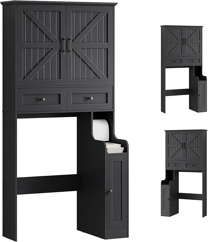 Over The Toilet Storage Cabinet, Storage Cabinet Over Toilet with Double Doors & Toilet Paper Holder Stand, Freestanding Toilet Shelf Space Saver with Anti-Tip Design & Adjustable Shelf, Black