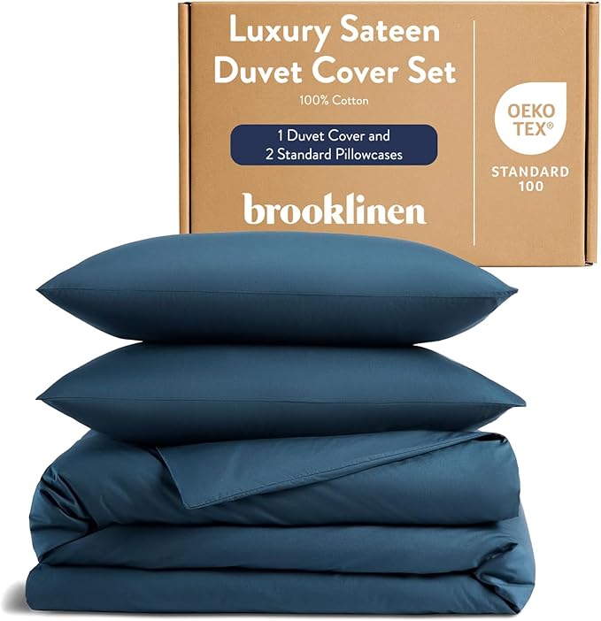 Brooklinen Luxury Sateen Duvet Cover Set - 100% Cotton, Full/Queen Size in Abyss Blue - Includes 1 Duvet Cover and 2 Standard Pillowcases - Best Full/Queen Duvet Covers
