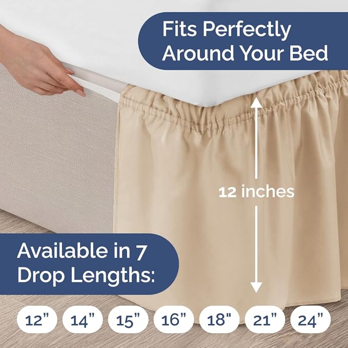 Wrap Around Dust Ruffle Bed Skirt - Cream - for Queen Size Beds with 12 Inch Drop - Easy Fit Elastic Strap - Adjustable Pleated Bedskirt w/Brushed Fabric - Wrinkle Free - for Women, Men, Kids & Teens