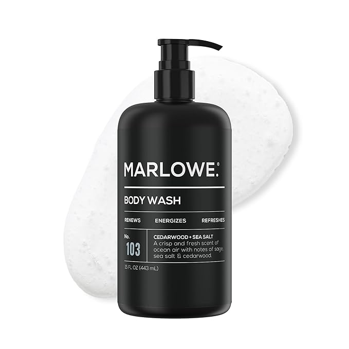 MARLOWE. No. 103 Body Wash 15 oz Pump, Cedarwood + Sea Salt, Energizing & Refreshing Shower Gel, Willow Bark & Green Tea Extracts, Cleanses, Moisturizes, Smooths & Nourishes, Fresh & Zesty Scent