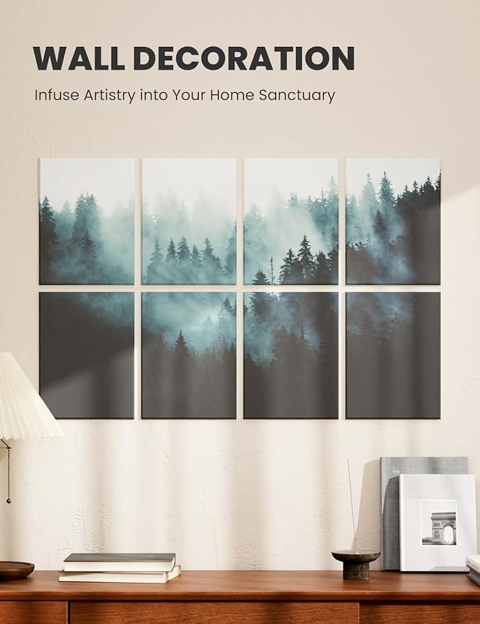 Wall Art Acoustic Panels,47''X31''Soundproof Wall Panels-8-Pack with 50 Adhesive Tabs, Panels for Living Room and Recording Studio, Offices-Foggy Nature Forest