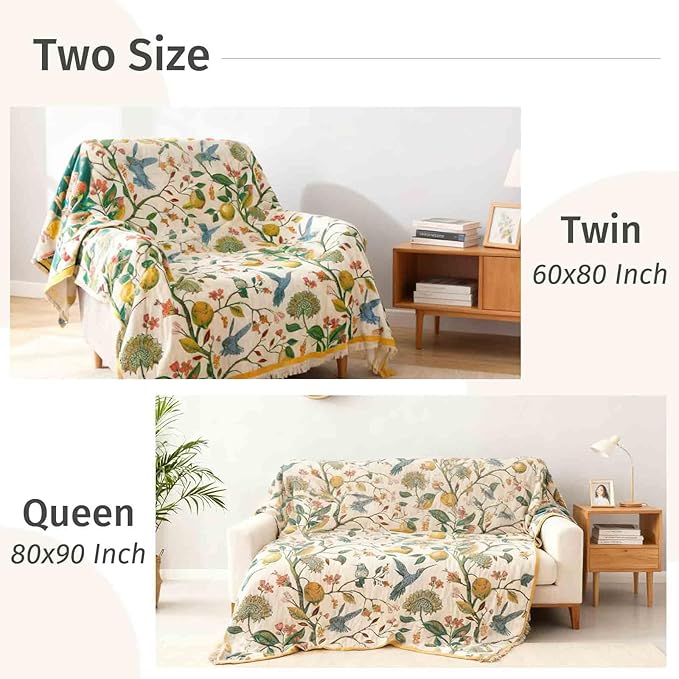 Qidordour Boho Throw Blanket, 80"x90" Muslin Blankets, 100% Organic Cotton Blanket for Couch Sofa, Lightweight Quilt, All Season Bed Throw, Farmhouse Home Decor, B-Hummingbird Fruit