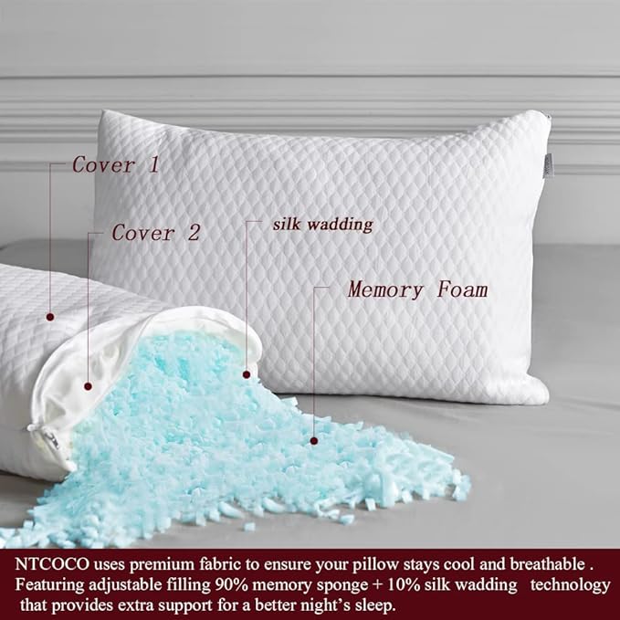 NTCOCO 2 Pillows, Shredded Memory Foam Bed Pillows for Sleeping, with Washable Removable Cooling Hypoallergenic Sleep Pillow for Back and Side Sleeper, Queen (2-Pack)