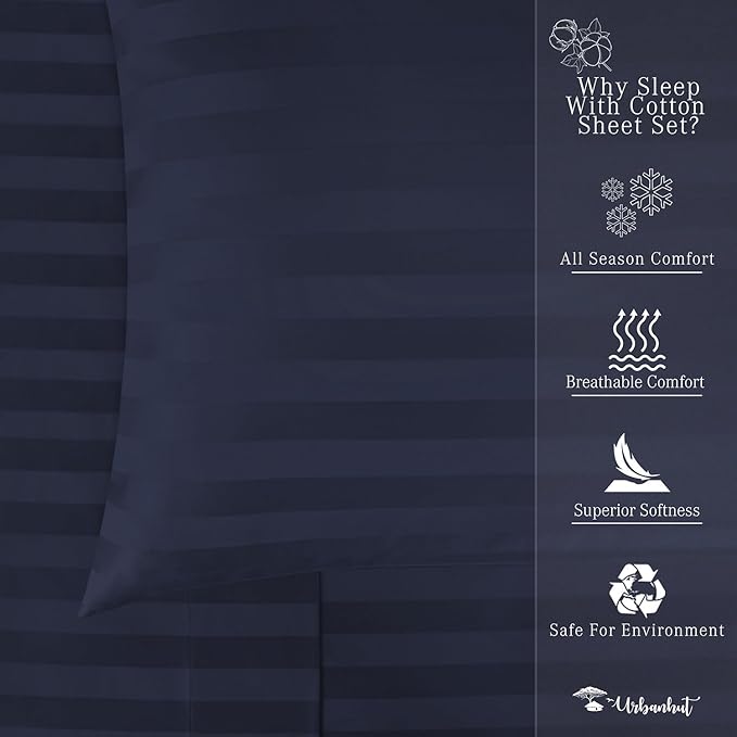 URBANHUT 1000 Thread Count Damask Striped Twin Size Egyptian Cotton Sheets, Long Staple Soft & Breathable, 4 Pc Bed Sheet Sets, Luxury Hotel Sateen Sheets Fits 16" Deep Pocket - Navy Blue