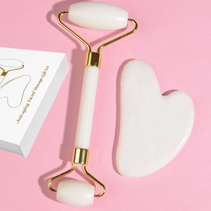 Natural Jade Roller & Gua Sha Set, Self Care Colorful Gift for Face Eye Neck Massager for Women Men, Jade Gua Sha Tool for Face for Skin Care, Improves Skin Tone-Beauty & Skincare (Green)