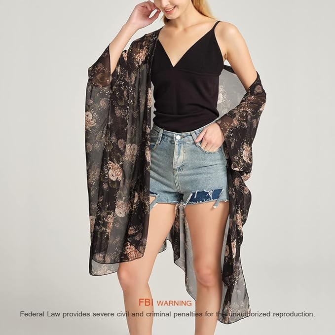 Women's Bohemian Floral Chiffon Beach Cover up Swimsuit Kimono Summer Swimwear Cardigans
