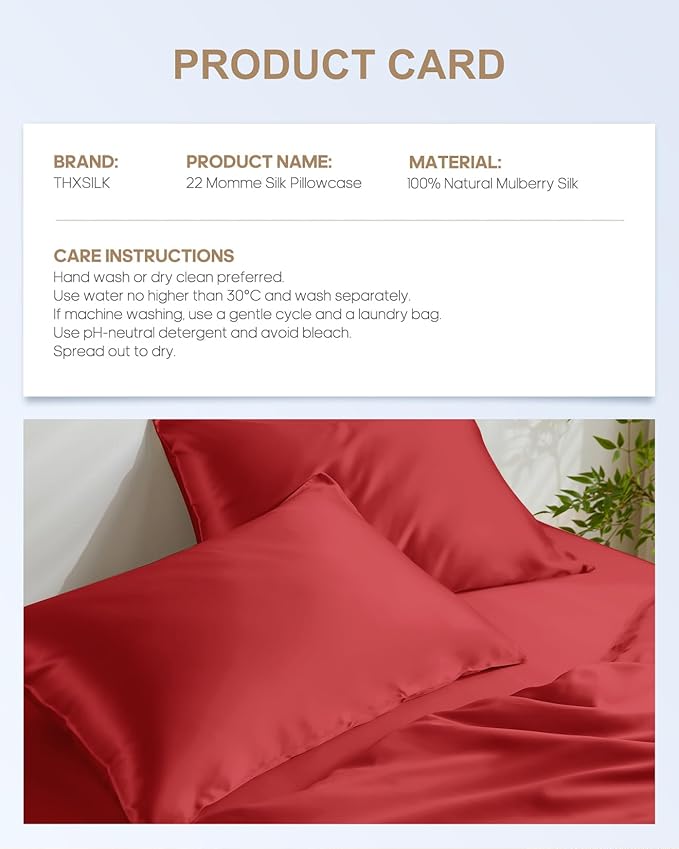 THXSILK 100% Pure Mulberry Silk Pillowcase for Hair and Skin, Upgraded Real 22 Momme Grade 6A+ Silk, Durable Soft Silk Pillow Case with Zipper(King Size 20"x36", Red)
