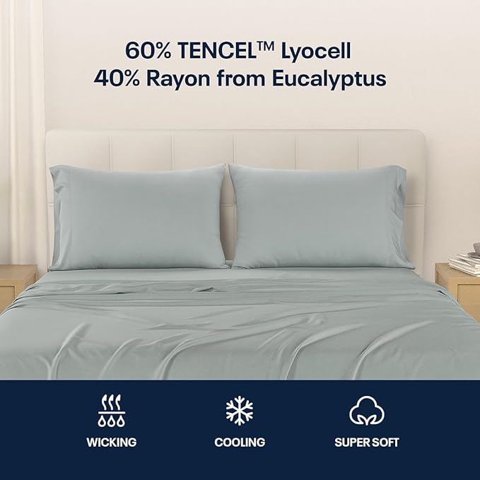 Reebok King Sheet Set from Tencel Eucalyptus - Soft, Cooling & Breathable for Hot Sleepers, Deep Pocket Up to 17 Inches, 4Pc Hotel Luxury Bedding Set, Bedsheet & Pillowcases (Lunar Rock, King)