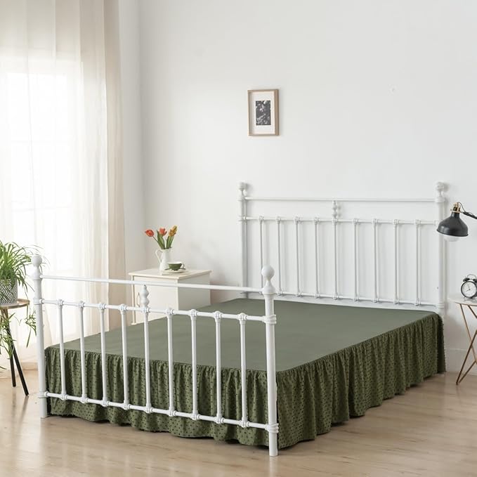 Tufted Dot Bed Skirt King Size Ruffled Bed Skirt with Split Corners, 18 Inch Drop Dust Ruffle Bed Skirts with Platform, Olive Green