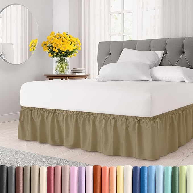 Wrap Around Dust Ruffle Bed Skirt - Khaki - for Full Size Beds w/ 15 Inch Drop - Easy Fit Elastic Strap - Adjustable Pleated Bedskirt w/Brushed Fabric - Wrinkle Free - for Women, Men, Kids & Teens