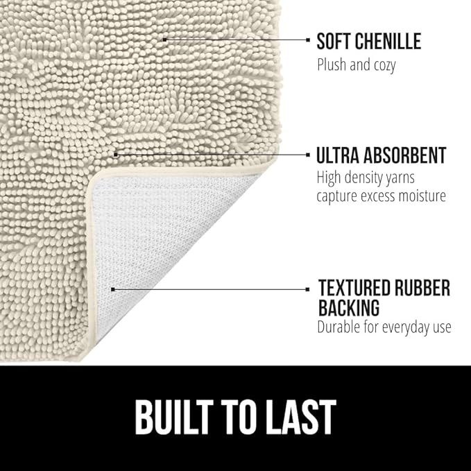 GORILLA GRIP Bath Rug Mat, Thick Absorbent Chenille, Quick Dry Microfiber Mats, Rubber Backing Washable Shower Floor Rugs, Bathmat Runner, US Designed Bathroom Home Decor 24x17, Dusty Cloud