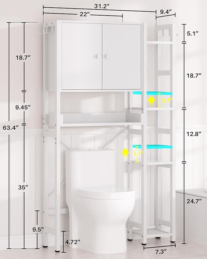 Over The Toilet Storage Cabinet with Doors - 7 Tier Bathroom Organizer with Adjustable Shelf, Freestanding Space Saver Rack Above Toilet Stand with 4 Hooks for Bathroom, Restroom, Laundry, White