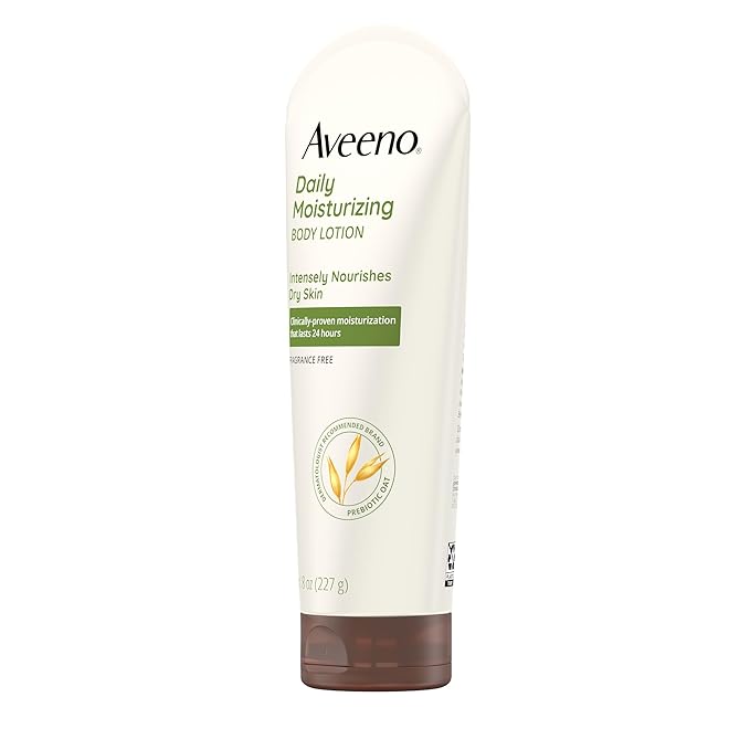 Aveeno Daily Moisturizing Body Lotion, Body Lotion for Dry Skin with Prebiotic Oat, Paraben Free, Fragrance Free, Non-Greasy, Non-Comedogenic Moisturizer, 8 FL OZ