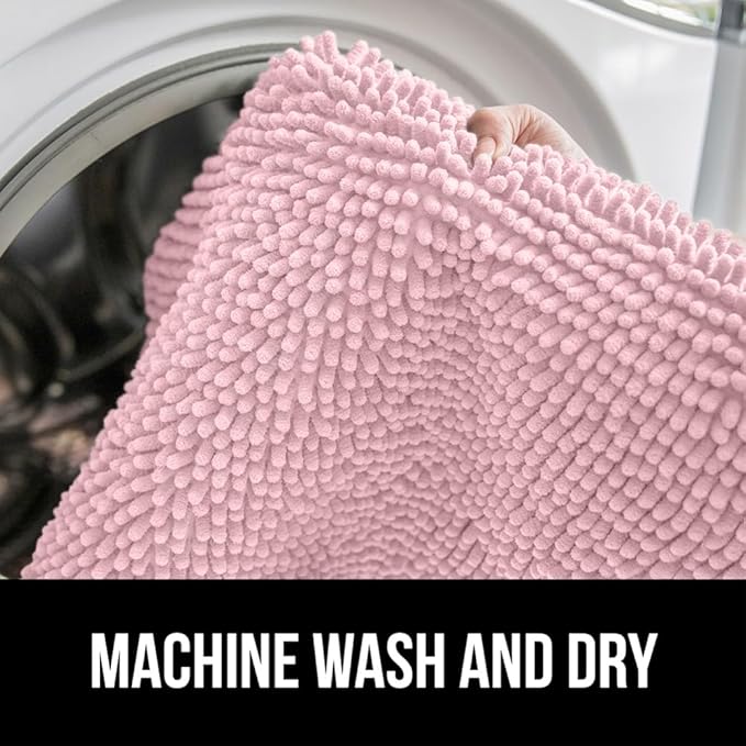 GORILLA GRIP Plush Absorbent Shaggy Chenille Bath Rug Mat for Square Toilet Base with Rubber Backing, Machine Washable Rugs, Soft Microfiber Contour Mats for Toilets, Bathroom Decor, Lt Pink