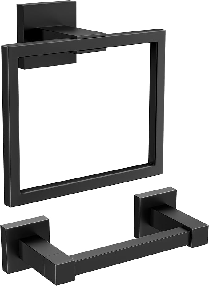 FORIOUS Toilet Paper Holder Set Wall Mount, SUS 304 Stainless Steel Pivoting Toilet Paper Holder and Towel Ring, Hand Towel Holder Set for Bathroom, Square Bathroom Hardware Set, Matte Black