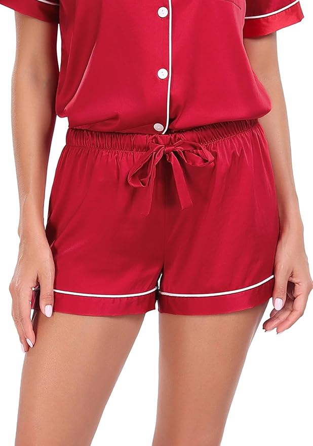 Women's Satin Pajama Set 2-Piece Sleepwear Loungewear Button Down Short Sleeve Silky PJ Set