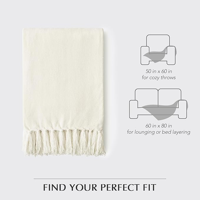 EverGrace Soft Chenille Throw Blanket for Couch, Cozy Plush Fuzzy Decorative Chenille Knit Throw Blanket with Tassels, Lightweight Blanket and Throws for Bed Sofa Gift Home Decor, Ivory White 50"x60"