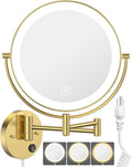 Benbilry 9" Large Wall Mounted Lighted Makeup Mirror, 1X/10X Magnifying 2-Sided AC Plug-in Powered Bathroom Mirror with 3 Color Lights, Touch Dimmable, Extended Arm 360° Rotation, Gold