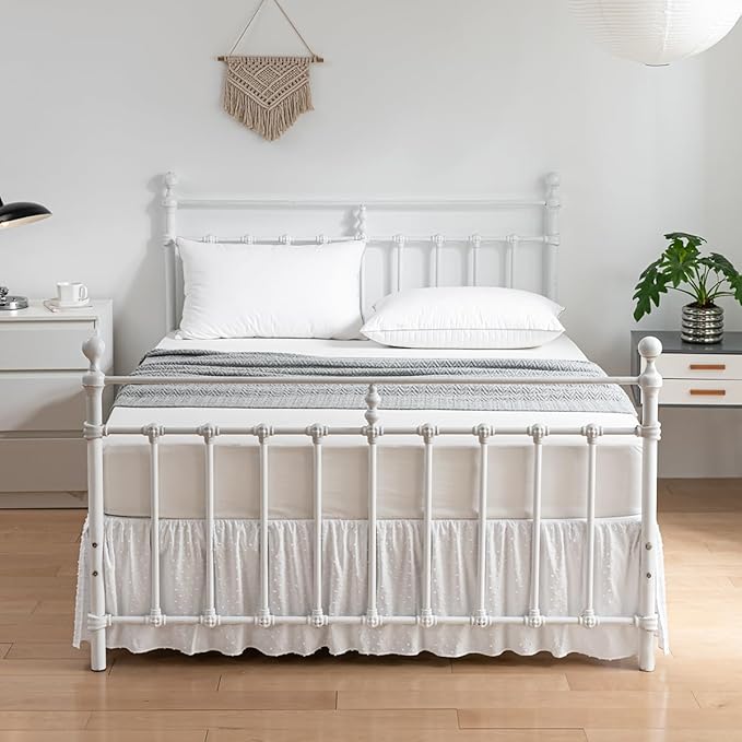 Tufted Dot Bed Skirt Full Size Ruffled Bed Skirt with Split Corners, 16 Inch Drop Dust Ruffle Bed Skirts with Platform, White