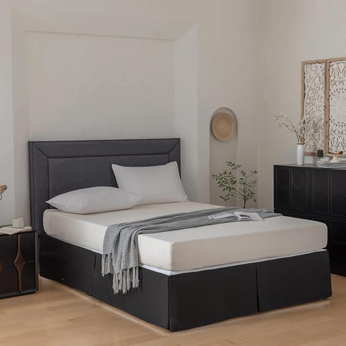 Queen Bed Skirt, Wrap Around Bed Skirt with Pleated Corner, 14 Inch Drop Pleated Waffle Weave Bedskirts, Anti-Slip, Microfiber, Black, 14'' Queen