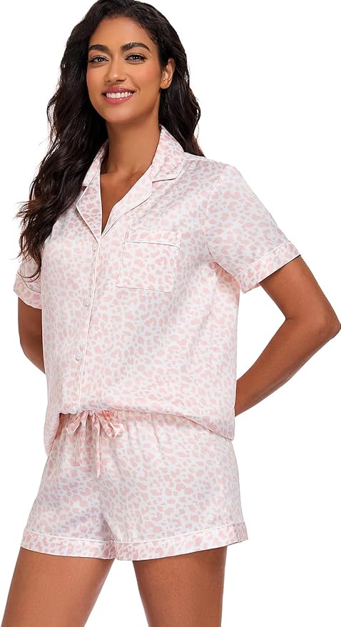 Women's Satin Pajama Set 2-Piece Sleepwear Loungewear Button Down Short Sleeve Silky PJ Set