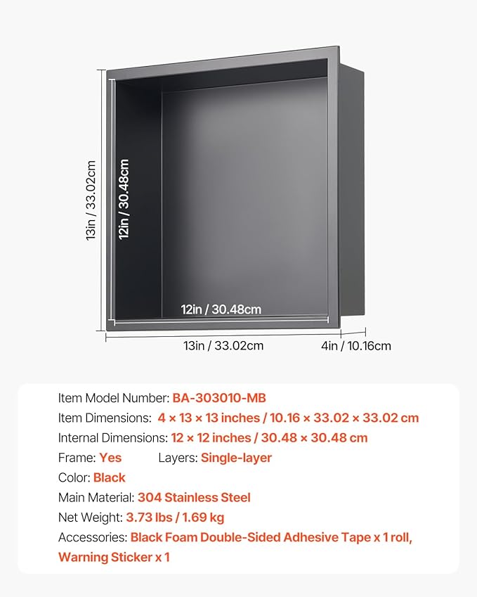 VEVOR Shower Niche, 13 x 13 x 4 inch Recessed Wall Niche, Heavy-duty Stainless Steel Modern Soap & Shampoo Storage Organizer, Sealed Waterproof, Durable & Easy to Install,Black for Bathroom