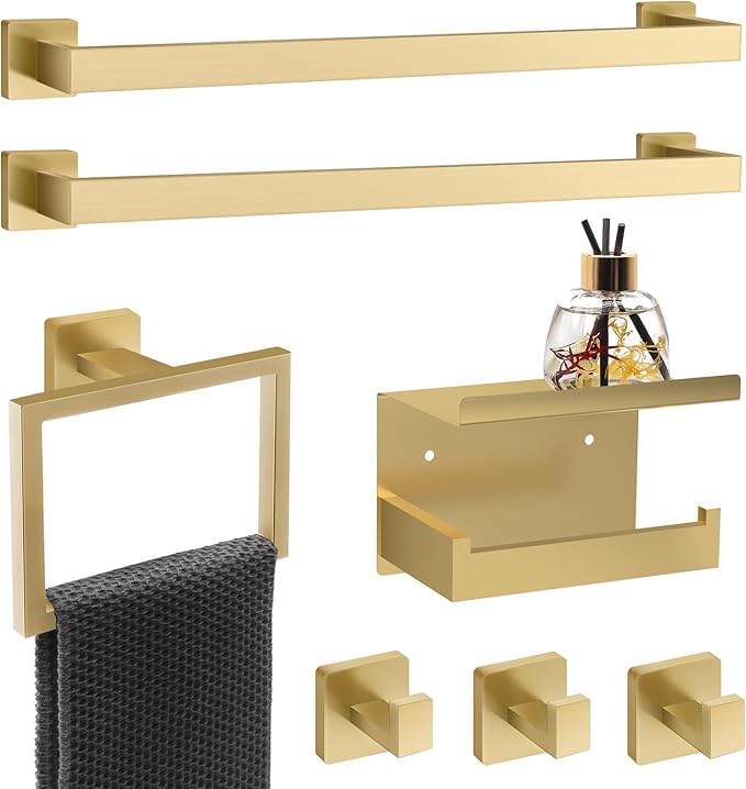7 Piece Gold Bathroom Hardware Set with Brushed Gold Bathroom Accessories - Square 2 Towel Bars Towel Rack Stainless Steel 23-Inch