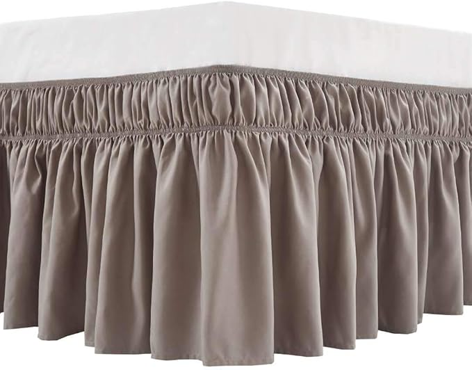 MEILA Wrap Around Bed Skirt Three Fabric Sides Elastic Dust Ruffled 18 Inch Tailored Drop,Easy to Install Fade Resistant-Taupe, Twin/Full