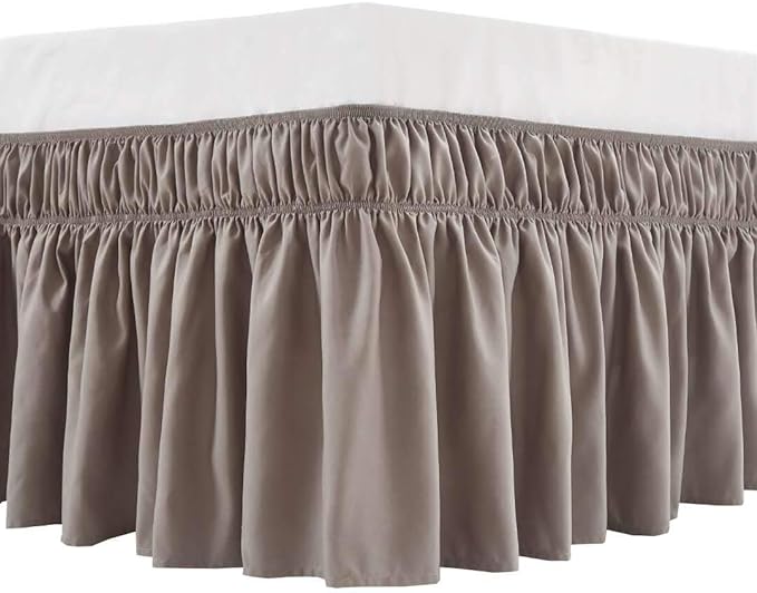 MEILA Wrap Around Bed Skirt Three Fabric Sides Elastic Dust Ruffled 24 Inch Tailored Drop,Easy to Install Fade Resistant-Taupe, Queen/King