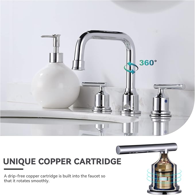 WOWOW Widespread Bathroom Faucet Chrome 8 inch Bathroom Sink Faucet Adjustable 3 Pieces Basin Faucets 360° Swivel Spout Modern Lavatory Faucet Vanity Faucets Water Supply Lines Quick Install Pipe