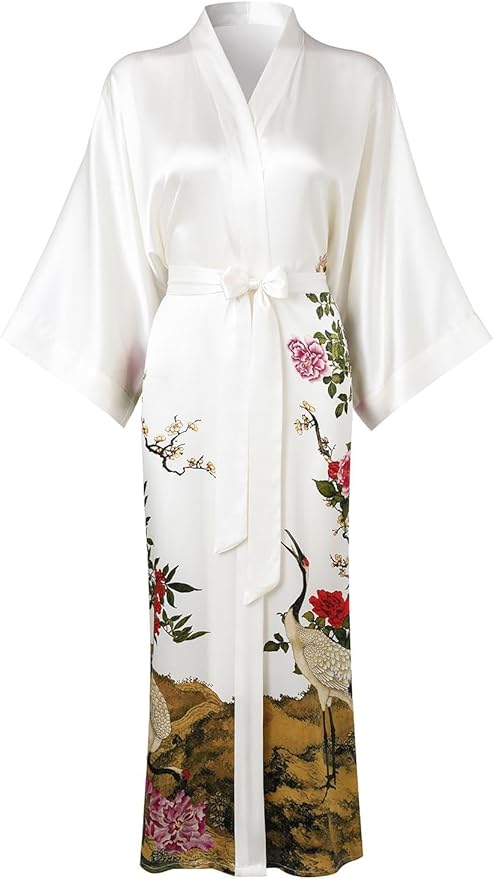 Women's Silk Kimono Robe Long Bathrobe Nightgown 100% Mulberry Silk for Women - Classic Floral Pattern