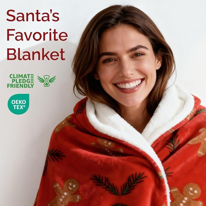 Christmas Sherpa Blanket Throw Size - Reversible Sherpa Fleece Blanket - Super Soft Double Sided Throw for Bed, Sofa, Couch - Thick, Warm, Cozy & Plush - Xmas Winter Bedding - Gingerbread Man, 50x60