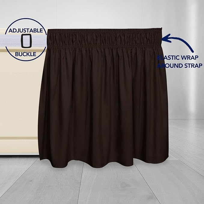 PureFit Wrap Around Ruffled Bed Skirt with Adjustable Elastic Belt - 14 Inch Drop Easy to Put On, Wrinkle Free Bedskirt Dust Ruffles, Bed Frame Cover for Queen, King and C-King Size Beds, Chocolate